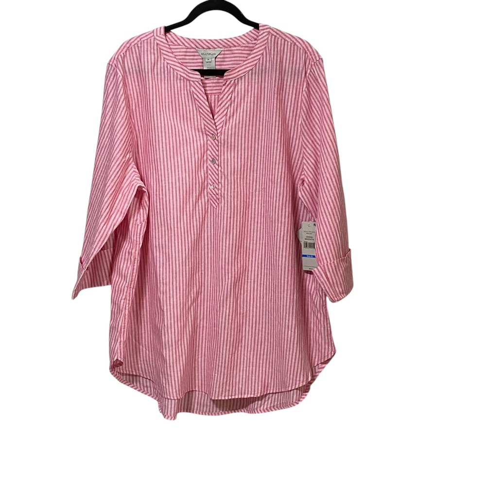 Multiples Pink White Striped Linen Blend 3/4 Sleeve Tunic Top XL NWT M24504TM